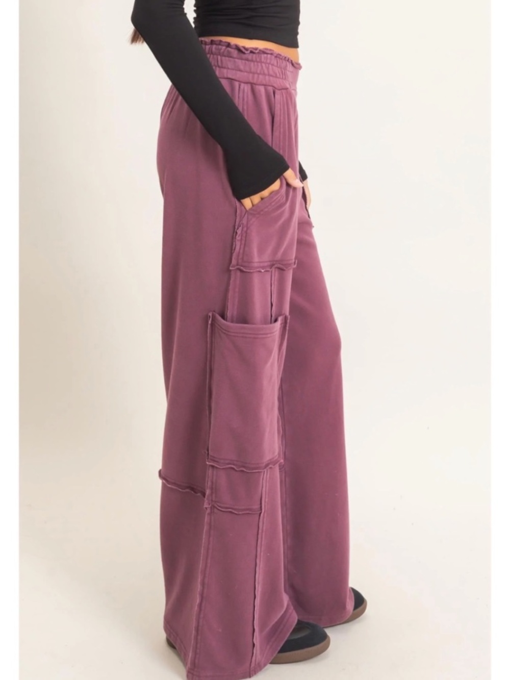 NEW Double Zero Dark Cherry Mineral Wash Cargo Sweatpants – Medium - Picture 6 of 6